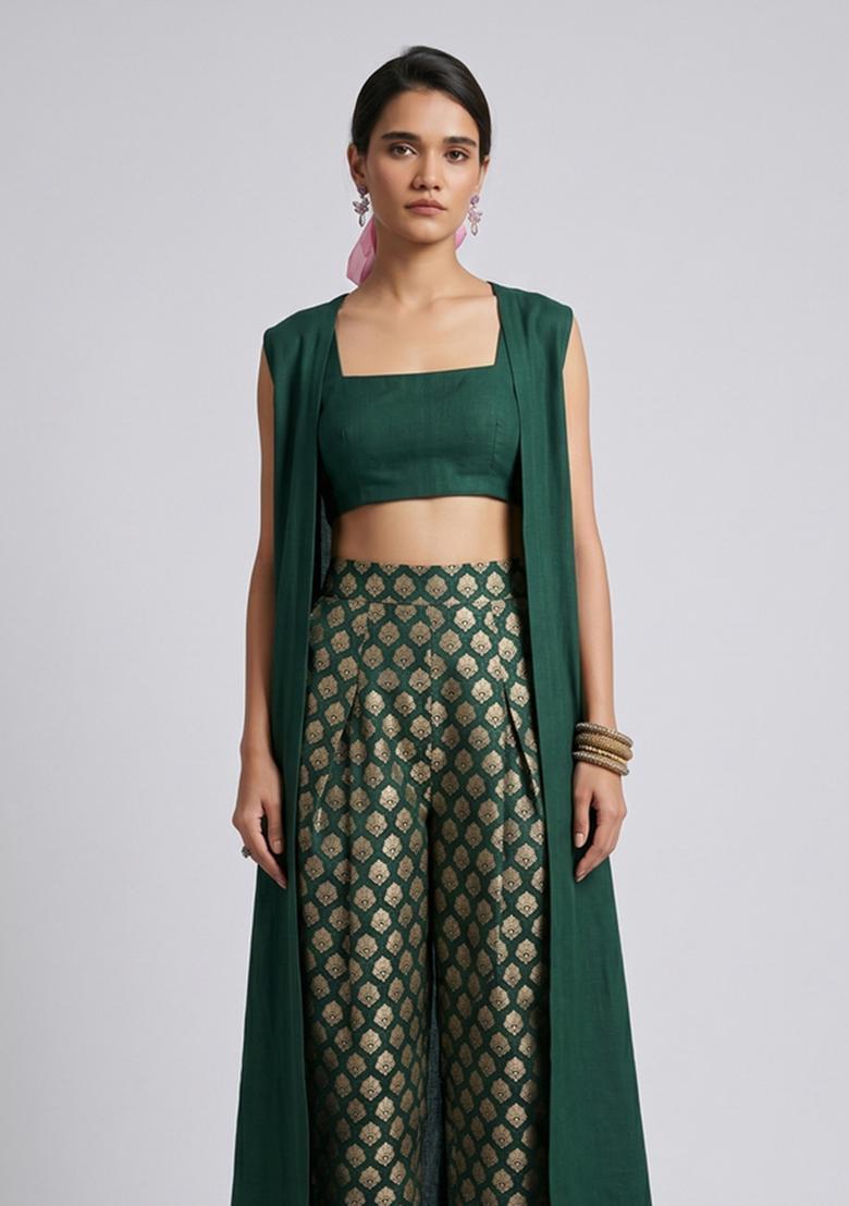 Dark Green Brocade Fusion Set - Indya