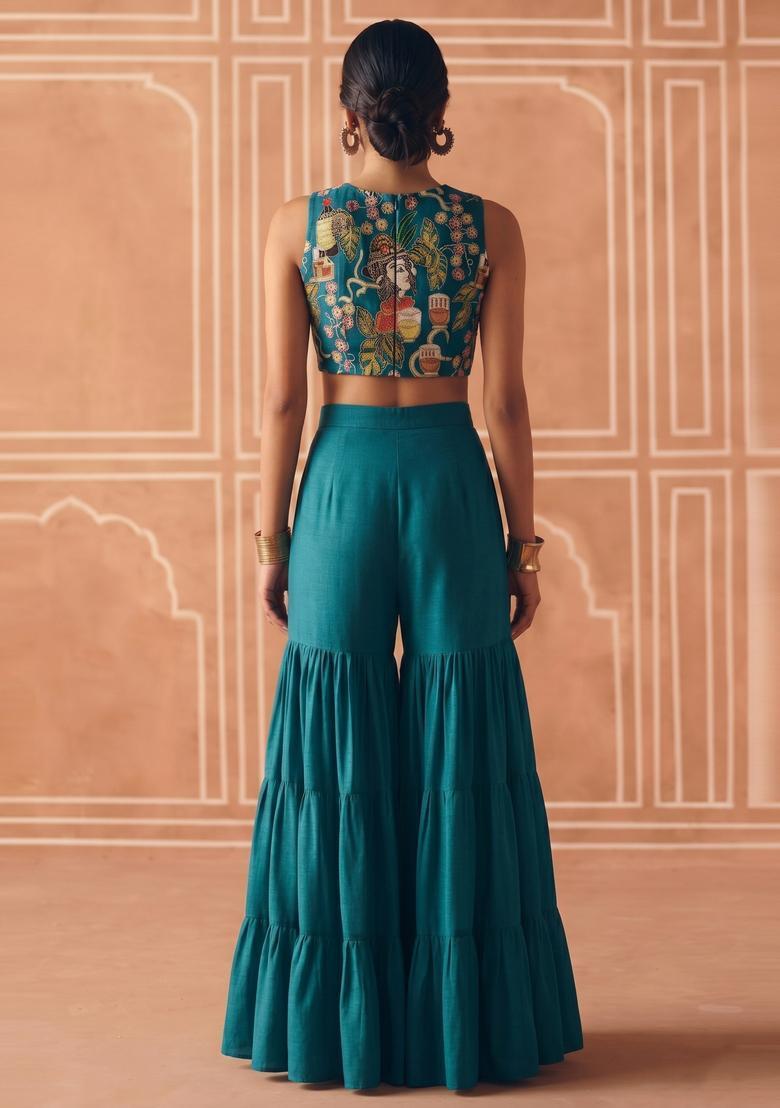 Teal Printed Crepe Fusion Set - Indya