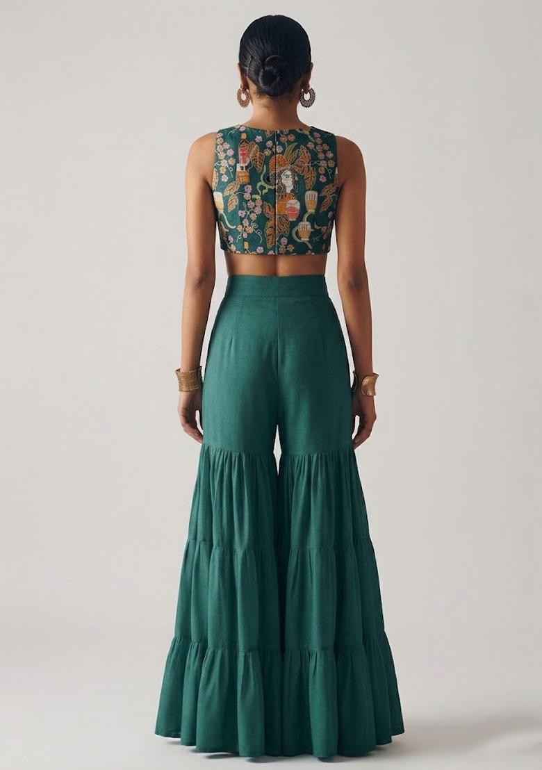 Bottle Green Printed Crepe Fusion Set - Indya
