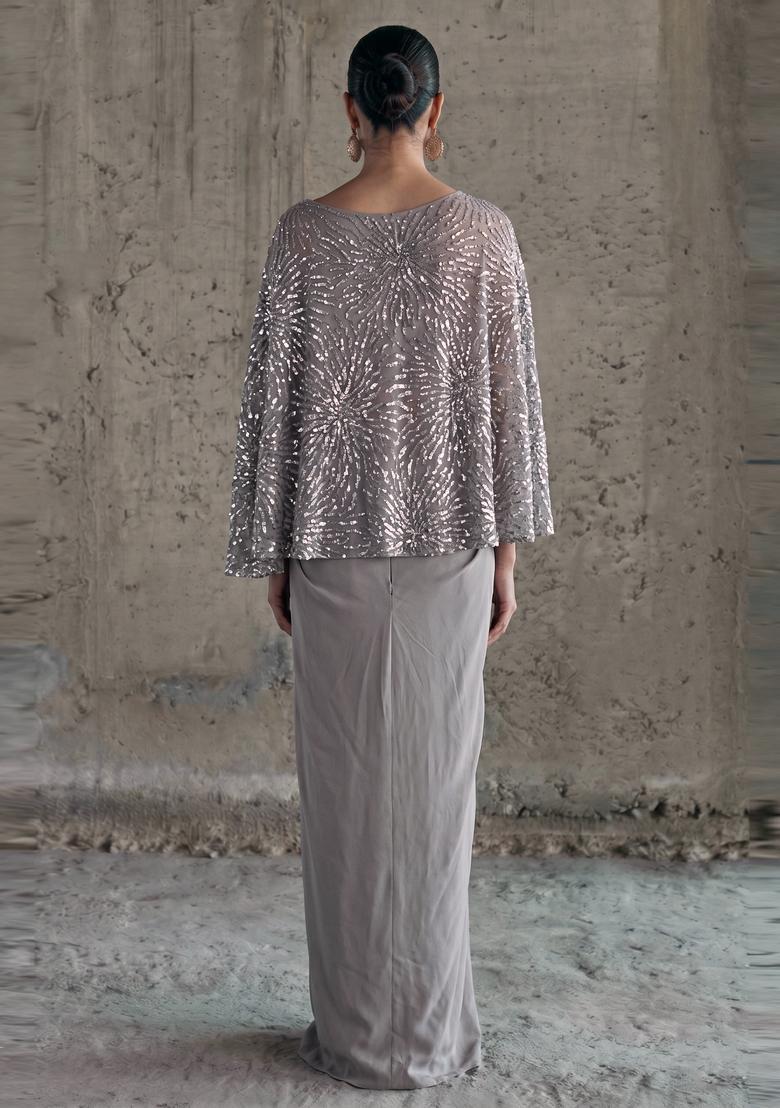 Steel Grey Sequin Net Fusion Set - Indya