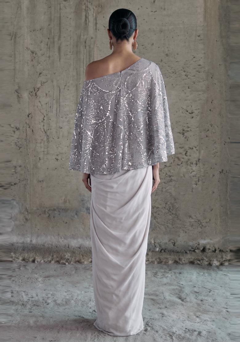 Steel Grey Sequin Net Fusion Set - Indya