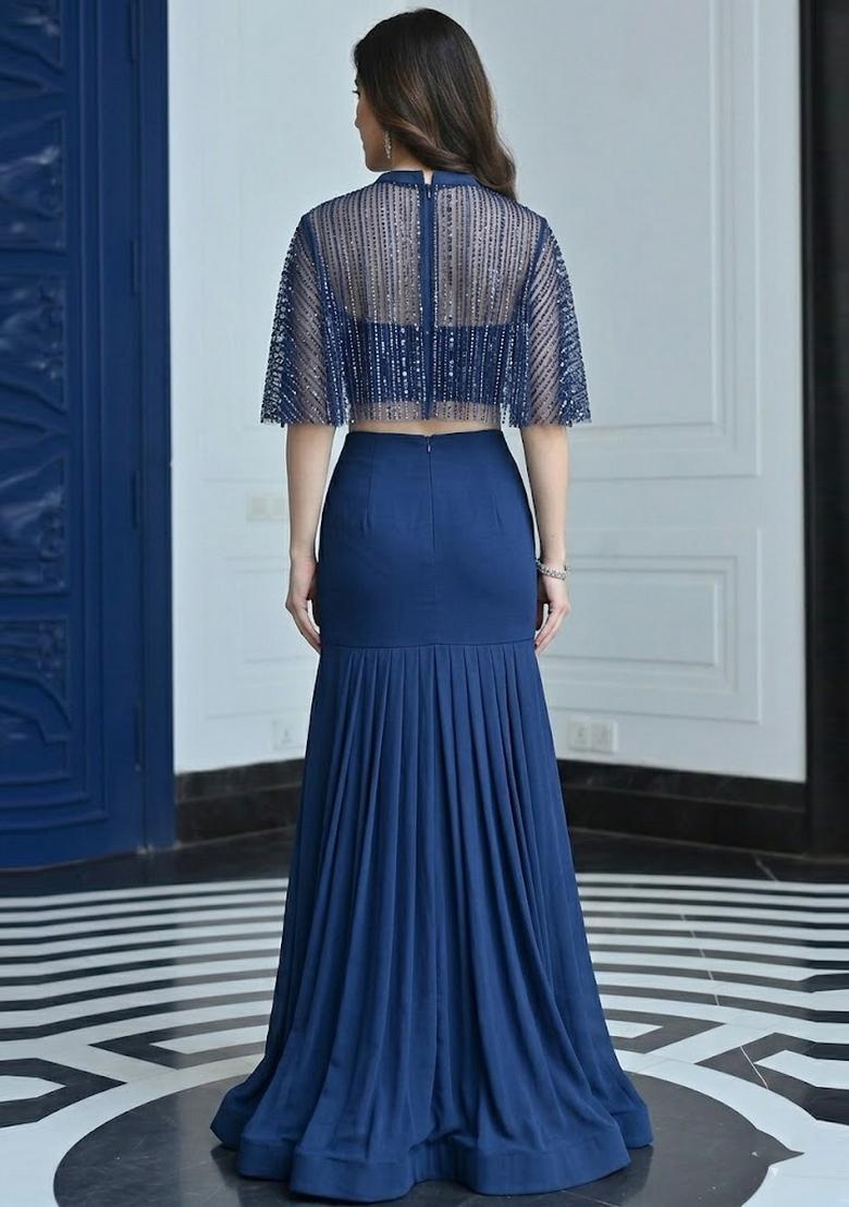 Royal Blue Sequin Net Lehenga Set - Indya