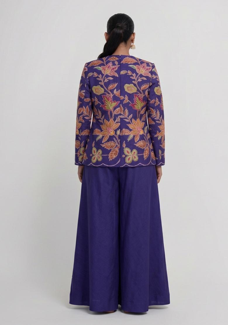 Deep Purple Printed Organza Fusion Set - Indya
