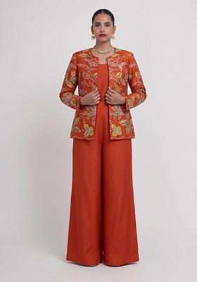 Rust Orange Printed Organza Fusion Set