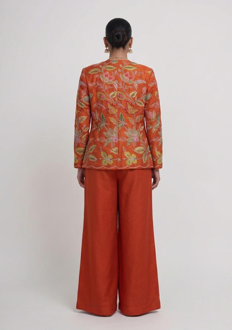 Rust Orange Printed Organza Fusion Set - Indya