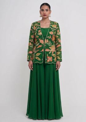 Bottle Green Printed Organza Lehenga Set