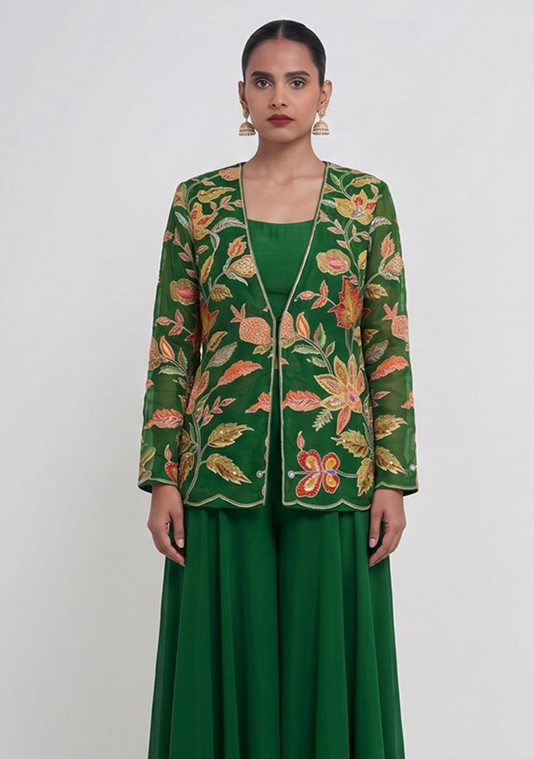 Bottle Green Printed Organza Lehenga Set - Indya