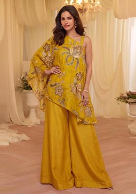 Mustard Embroidered Organza Fusion Set