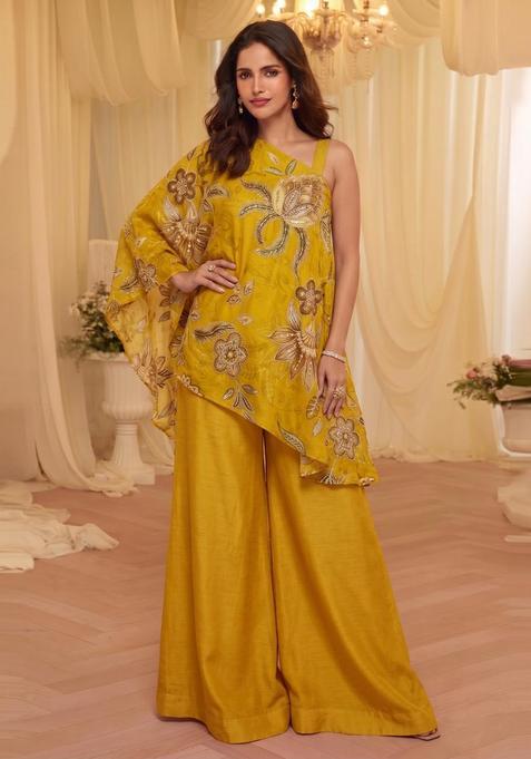 Mustard Embroidered Organza Fusion Set