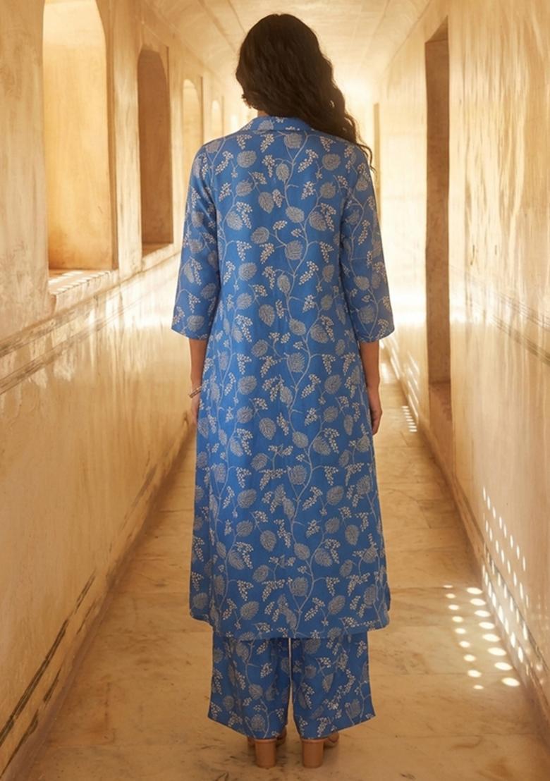 Royal Blue Printed Organza Fusion Set - Indya