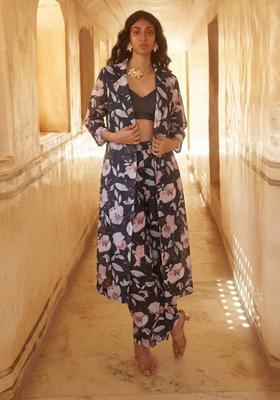 Grey Printed Organza Fusion Set
