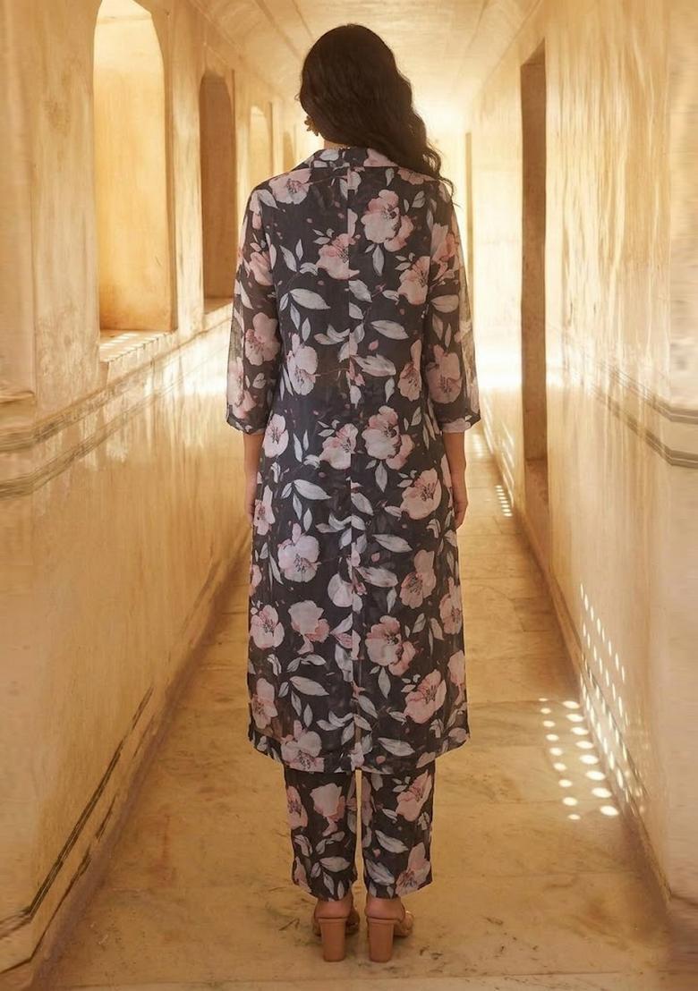 Grey Printed Organza Fusion Set - Indya