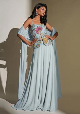 Pastel Blue Embroidered Organza Fusion Set
