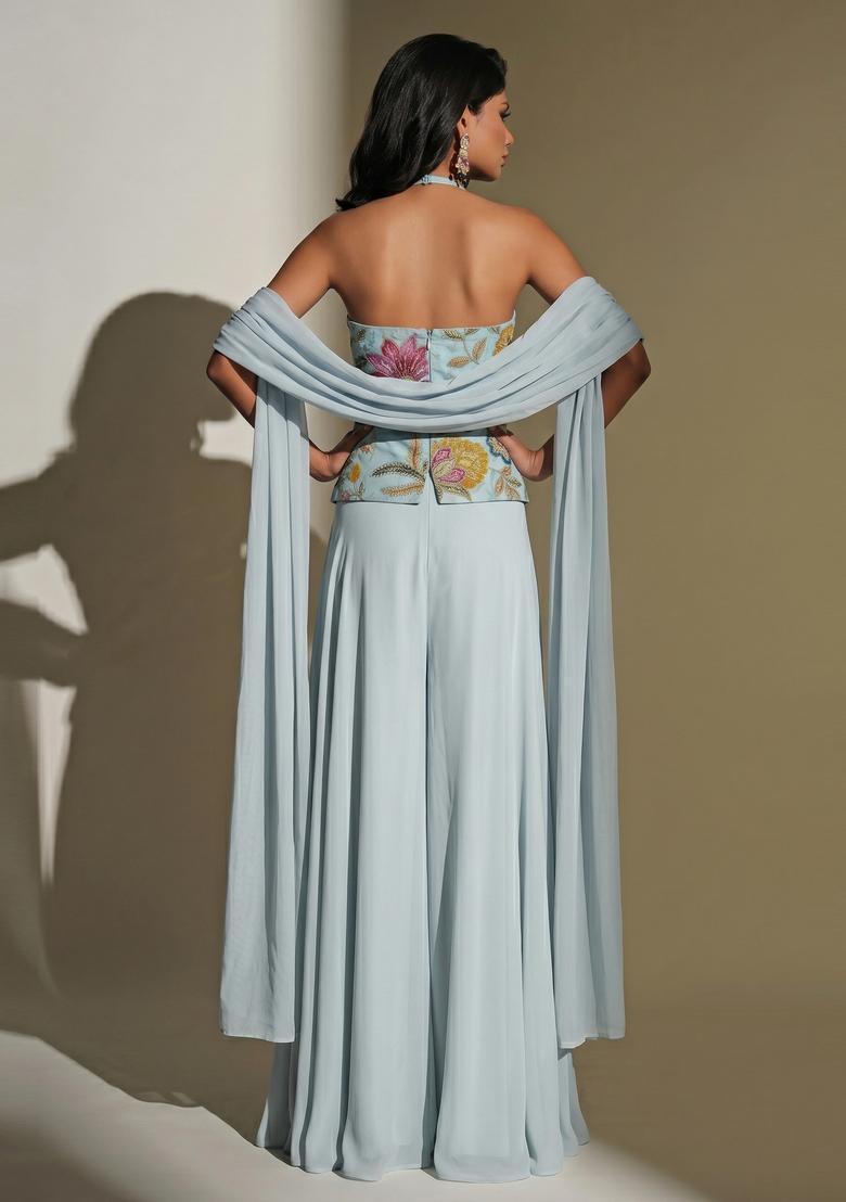 Pastel Blue Embroidered Organza Fusion Set - Indya