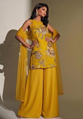 Mustard Embroidered Organza Sharara Set