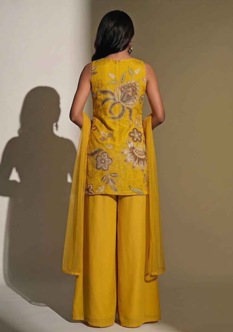 Mustard Embroidered Organza Sharara Set - Indya