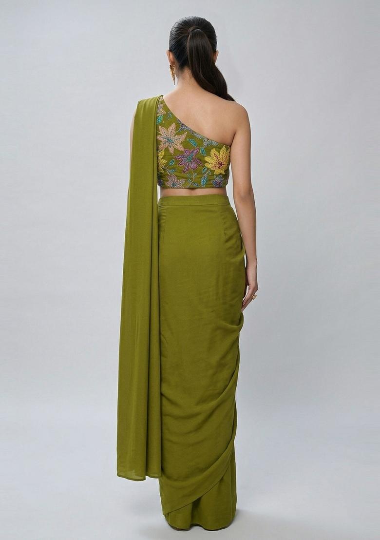 Olive Green Printed Crepe Fusion Set - Indya