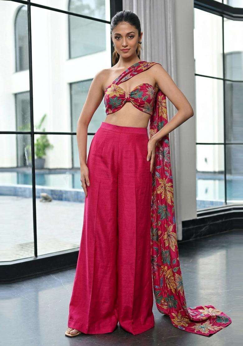 Cherry Red Printed Crepe Fusion Set - Indya