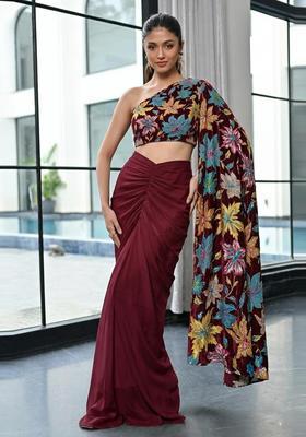 Burgundy Printed Crepe Fusion Set