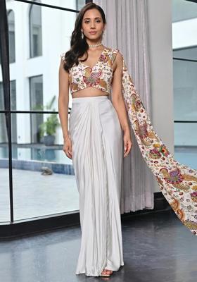Off White Embroidered Crepe Fusion Set