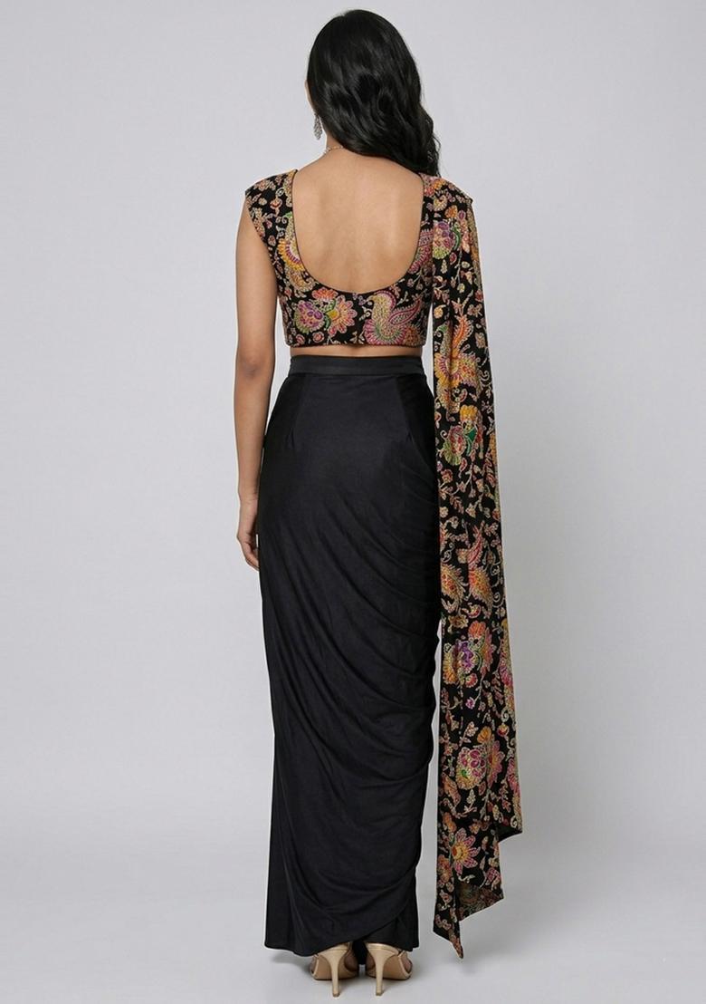 Black Embroidered Crepe Fusion Set - Indya