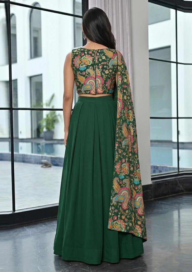 Bottle Green Embroidered Crepe Lehenga Set - Indya
