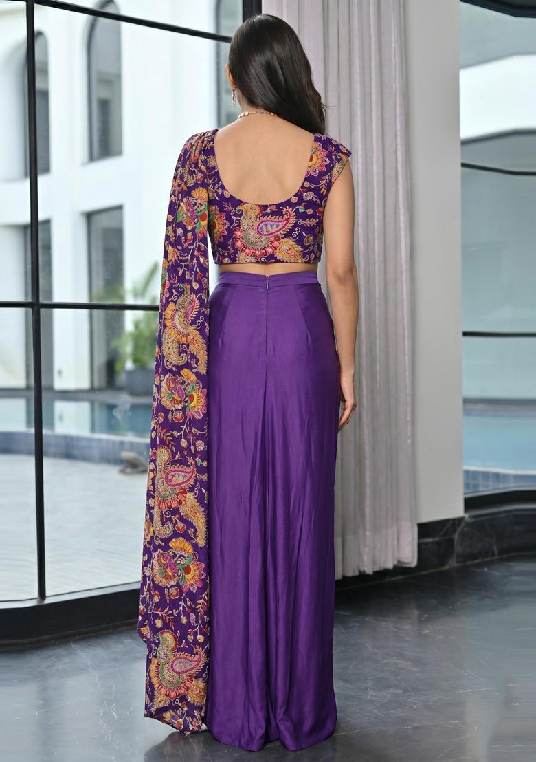 Plum Embroidered Crepe Fusion Set - Indya