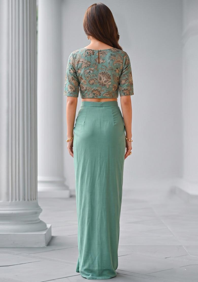 Pastel Green Printed Crepe Fusion Set - Indya