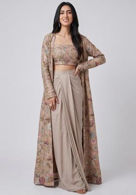 Sand Beige Embroidered Crepe Fusion Set