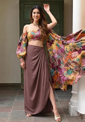 Brown Embroidered Silk Blend Fusion Set