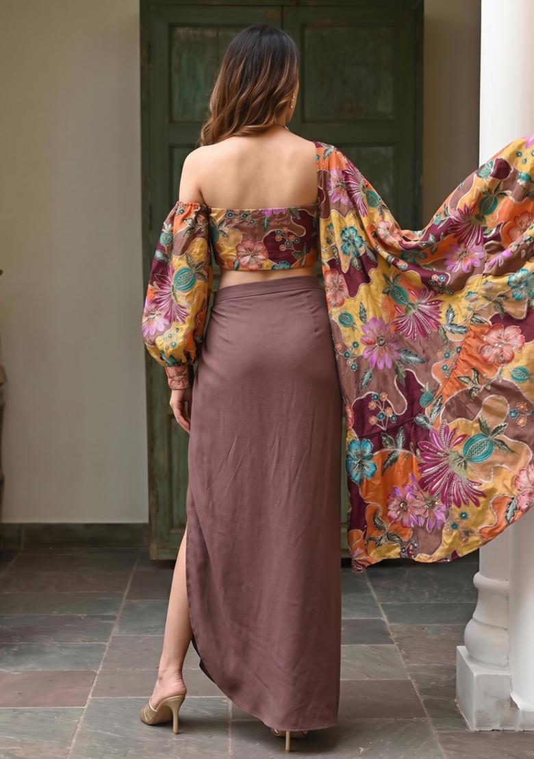 Brown Embroidered Silk Blend Fusion Set - Indya