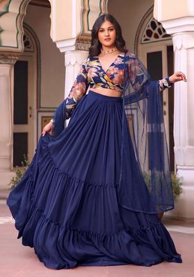Navy Blue Printed Chinon Lehenga Set