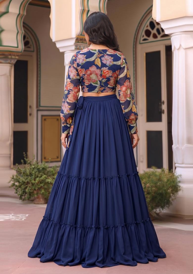 Navy Blue Printed Chinon Lehenga Set - Indya