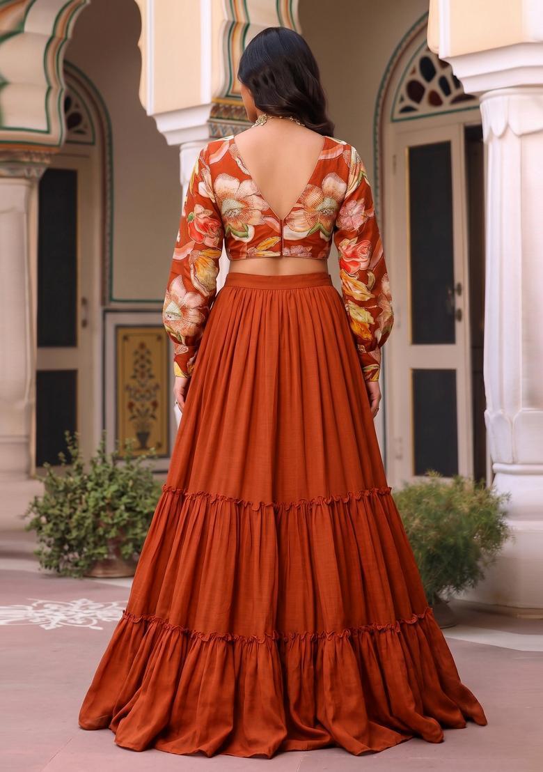 Rust Orange Printed Chinon Lehenga Set - Indya