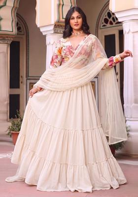 White Printed Chinon Lehenga Set