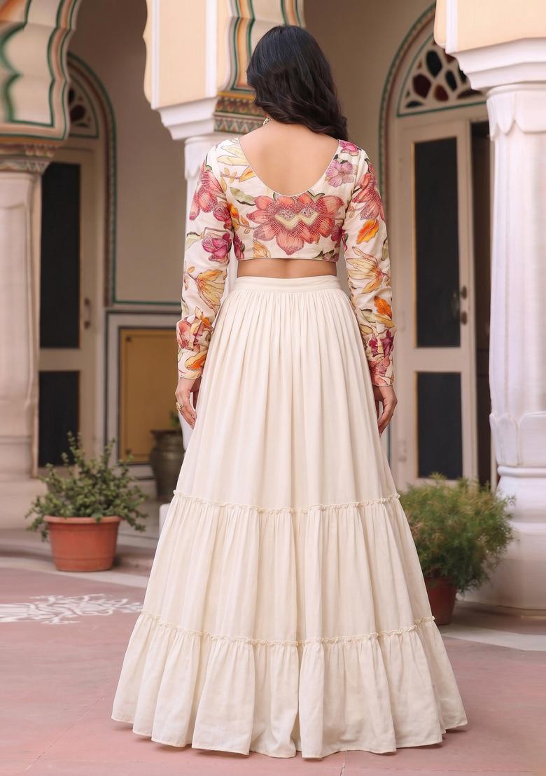 White Printed Chinon Lehenga Set - Indya