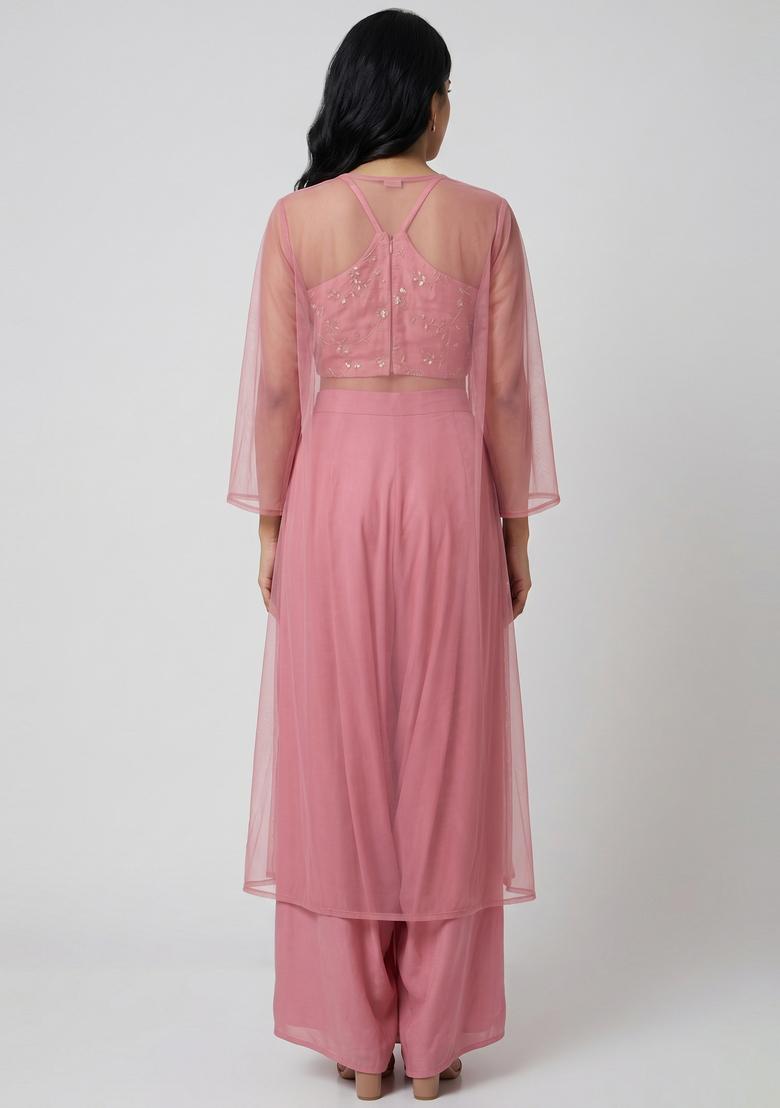 Pink Embroidered Organza Fusion Set - Indya