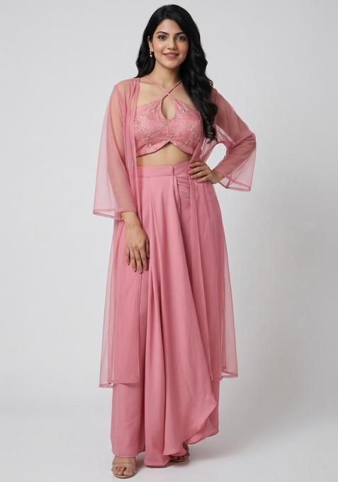Pink Embroidered Organza Fusion Set