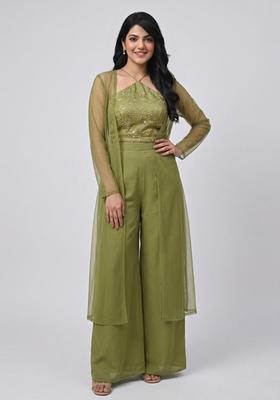 Olive Green Embroidered Organza Fusion Set
