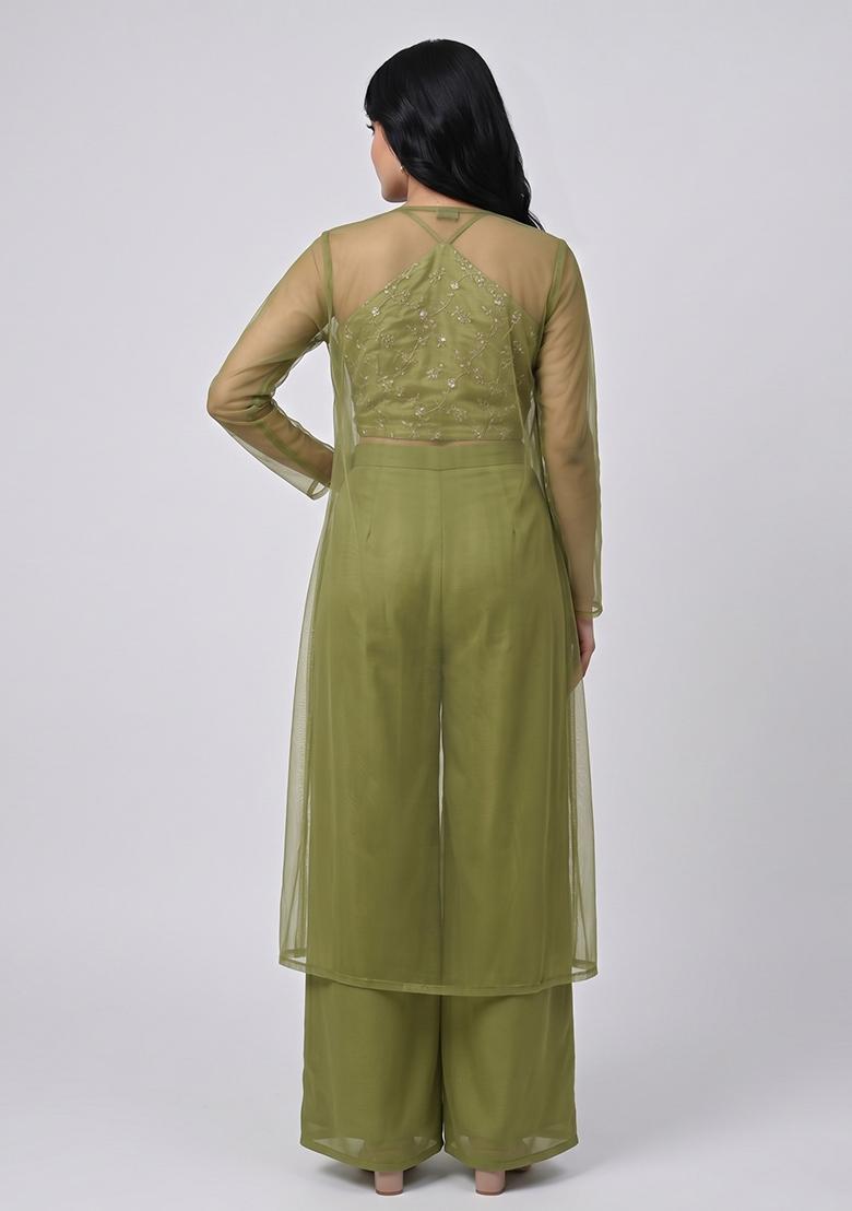 Olive Green Embroidered Organza Fusion Set - Indya