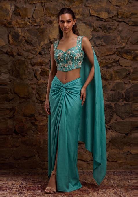 Teal Green Embroidered Georgette Fusion Set