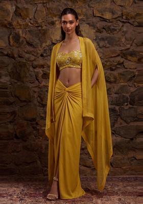 Mustard Yellow Embroidered Georgette Fusion Set