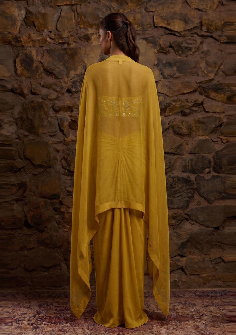 Mustard Yellow Embroidered Georgette Fusion Set - Indya