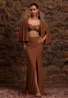 Brown Embroidered Fusion Set