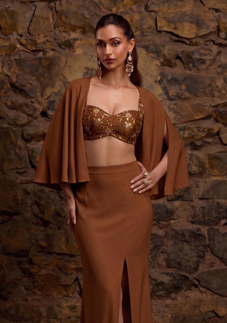 Brown Embroidered Fusion Set - Indya