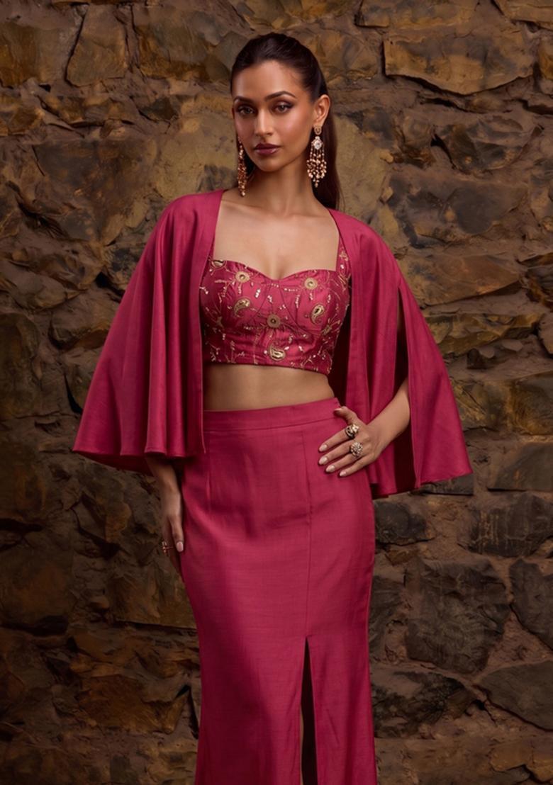 Pink Embroidered Tissue Fusion Set - Indya