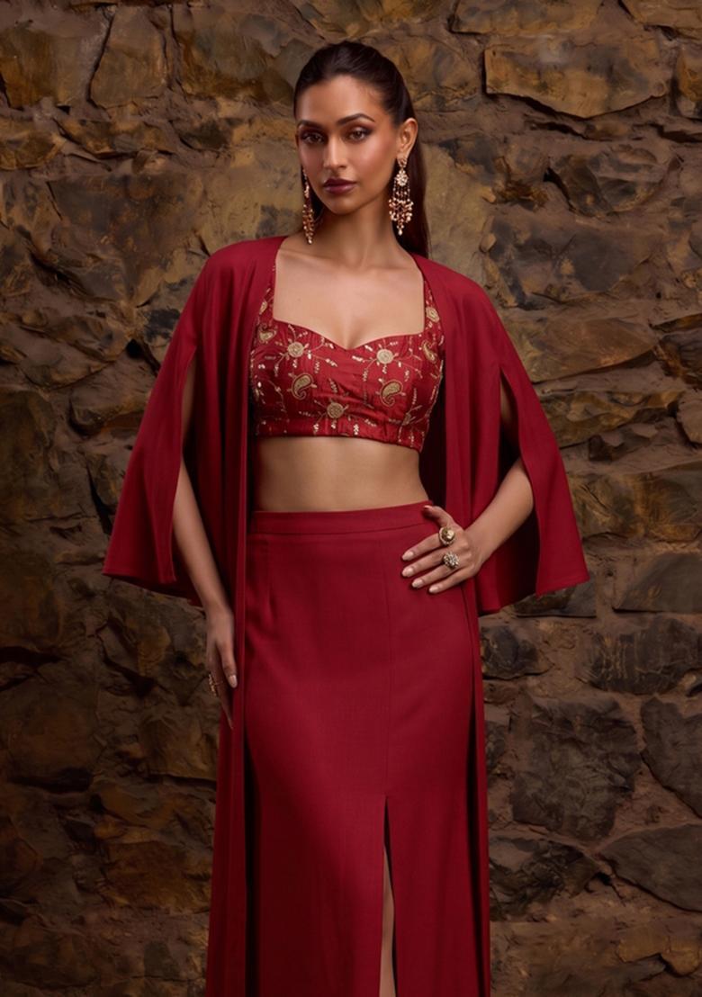 Crimson Red Embroidered Tissue Fusion Set - Indya