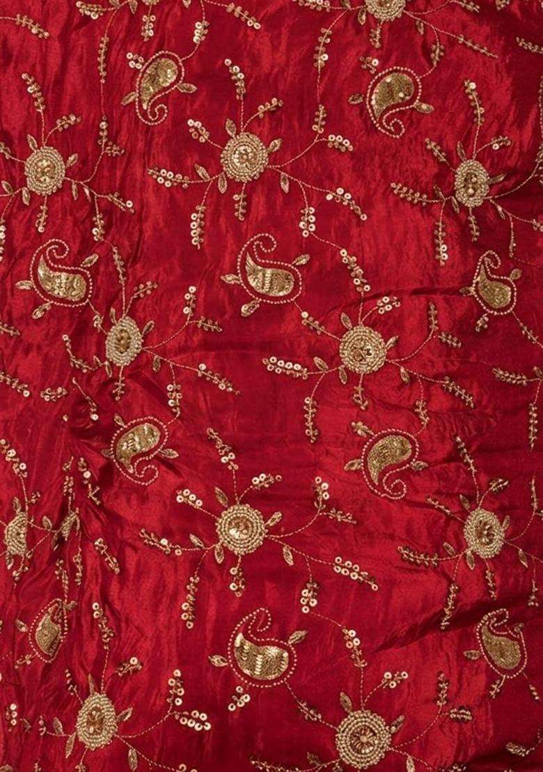 Crimson Red Embroidered Tissue Fusion Set - Indya