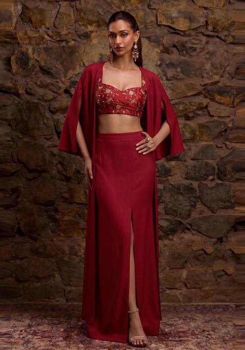 Crimson Red Embroidered Tissue Fusion Set