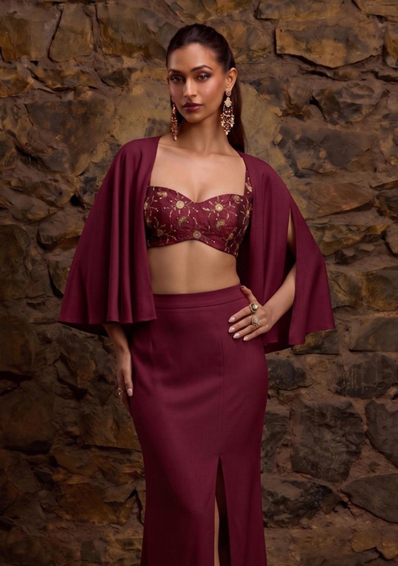 Deep Wine Embroidered Tissue Fusion Set - Indya